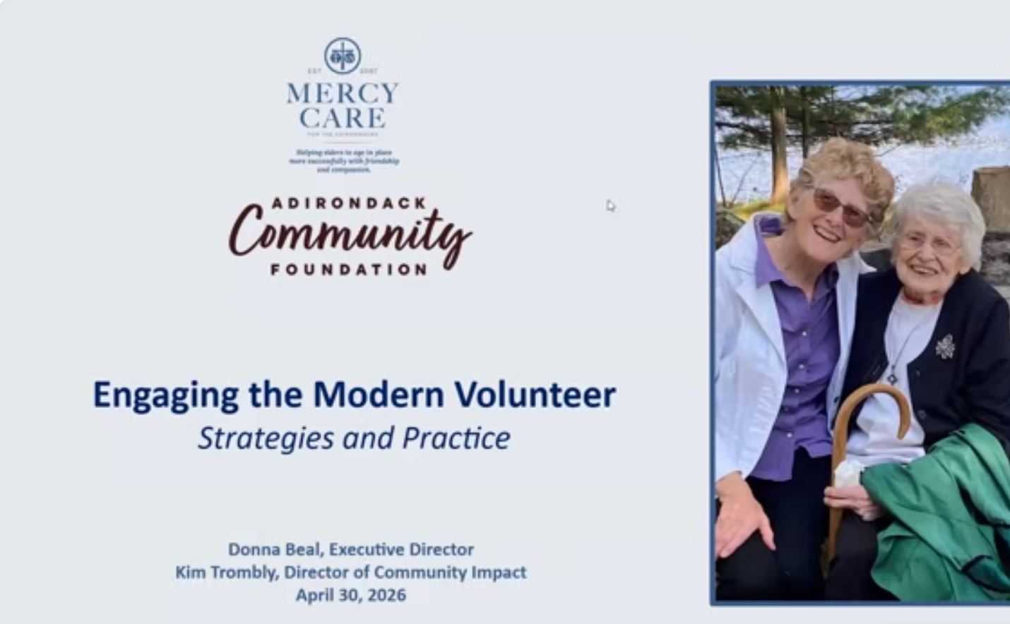 title screen for a webinar featuring logos and two women with their arms around each other.